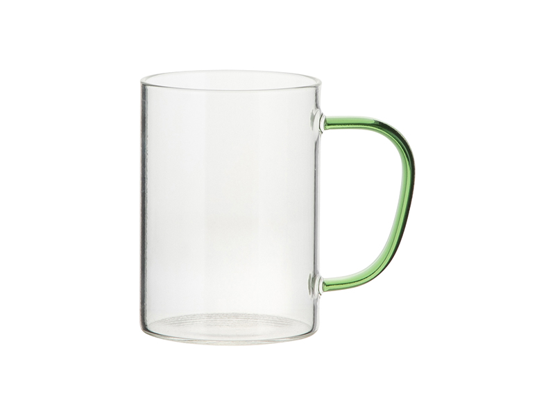 12oz/360ml Glass Mug w/ Green Handle(Clear)  PYD Life - Stainless Steel  Bottles,Tumblers,Mugs & Custom Print