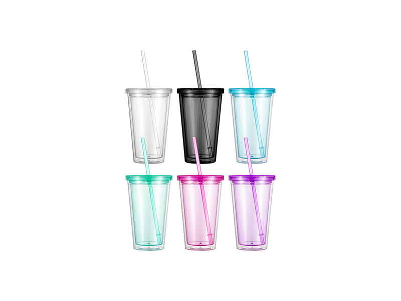 16 Oz Double Wall Reusable Plastic Clear Tumblers with Straw for