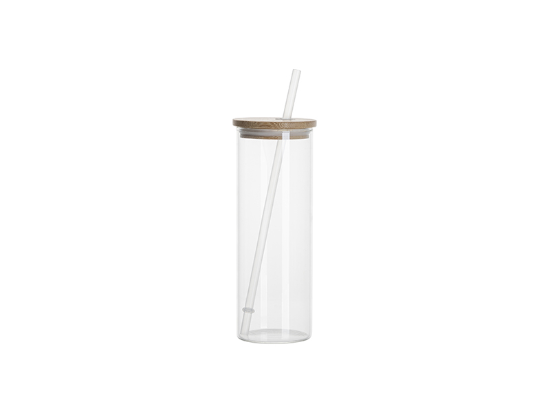 Glass Tumbler With Bamboo Lid and Stainless Steel Straw Set of 2