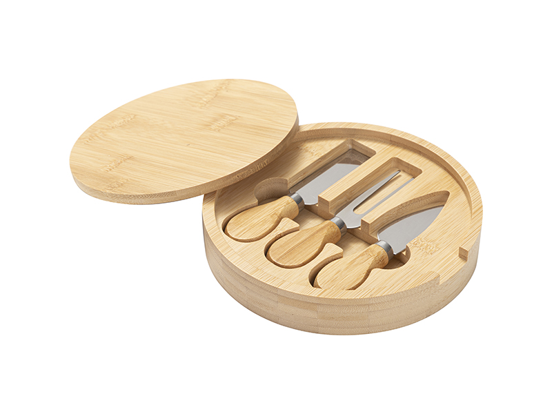 Engraving Blanks Round Bamboo Cheese Plate Knife Set w/ right side open ...