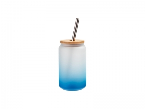 13oz/400ml Sublimation Blanks Glass Can Tumbler with Bamboo Lid Gradient Light Blue