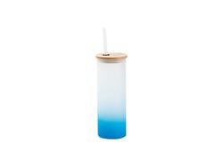 Garrafa Vidro Skinny 17oz/500ml com Tampa de Bambu e Canudo (Fosco, Azul Celeste Degradado)