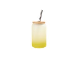 Vaso Cristal 13oz/400ml Color Degradado Amarillo Limón con Tapa de bambú y pajita de acero inoxidable