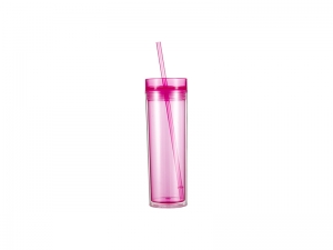 16oz/473ml Double Wall Clear Plastic Skinny Tumbler with Straw &amp; Lid (Rose Red)