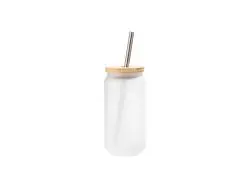 Copo de Vidro fosco 18oz/550ml com Tampa de bambu e canudo de inox