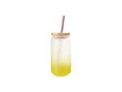 Vaso Cristal 18oz/550ml Color Degradado Amarillo Limón con Tapa de bambú y pajita de acero inoxidable