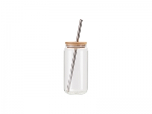 Sublimation Blanks 18oz/550ml Clear Can Glass Mug with bamboo lid &amp; metal straw