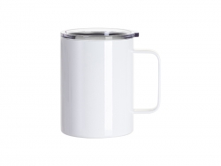 Taza de Cafe Acero Inoxidable 13oz/400ml con Tapa Plana Transparente y Asa (Blanco)