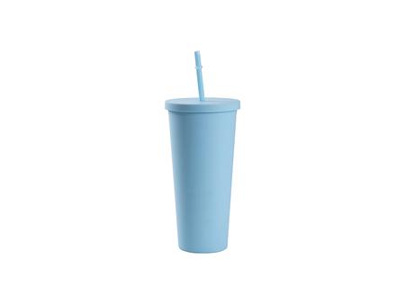 Vaso Plástico Doble Capa 24OZ/700ml con Tapa y Pajita (Azul Celeste, Pintado)