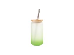 Vaso Cristal 18oz/550ml Color Degradado Verde con Tapa de bambú y pajita de acero inoxidable