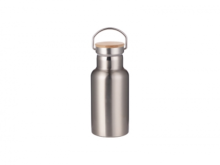 Botella Acero Inoxidable Tapa Bambú Portátil 350ml/12oz (Plateado)