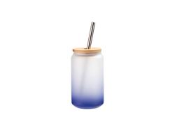 Vaso Cristal 13oz/400ml Color Degradado Azul Oscuro con Tapa de bambú y pajita de acero inoxidable