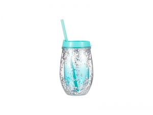 10oz/300ml Double Wall Clear Plastic Stemless Cup (Light Blue, w/ Silver Glitters)