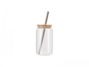 Sublimation Blanks 13oz/400ml Clear Can Glass Mug with bamboo lid &amp; ss straw