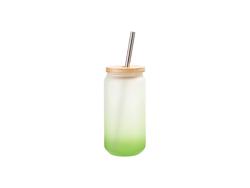 Copo Vidro 18oz/550ml Cor Degradado Verde com Tampa de bambu e canudo de inox