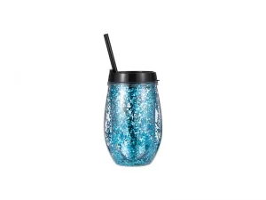 10oz/300ml Double Wall Clear Plastic Stemless Cup (Black, w/ Blue Glitters)