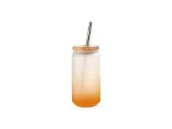 Copo Vidro 18oz/550ml Cor Degradado Laranja com Tampa de bambu e canudo de inox