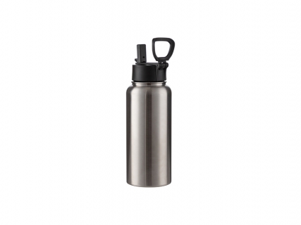 32oz/950ml Sublimation Blank Stainless Steel Water Bottles with Wide Mouth Straw Lid &amp; Rotating Handle (Silver)