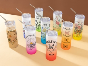 Sublimation Blanks 25oz/750ml Glass Skinny Tumbler with Plastic Straw&amp;Lid(Frosted)