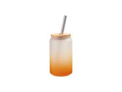 Vaso Cristal 13oz/400ml Color Degradado Naranja con Tapa de bambú y pajita de acero inoxidable