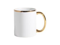 Caneca branca de 325ml com pega metálica douradaQuantidade mínima: 5000 unidades