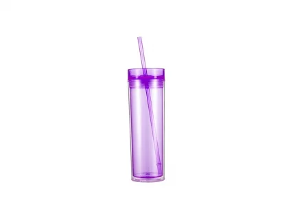 16oz/473ml Double Wall Clear Plastic Skinny Tumbler with Straw &amp; Lid (Light Purple)