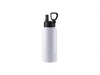 32oz/950ml Sublimation Blank Stainless Steel Water Bottles with Wide Mouth Straw Lid &amp; Rotating Handle (White)