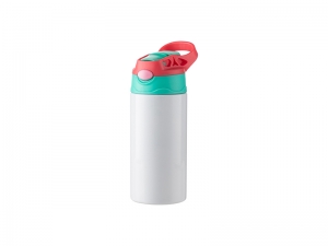 12oz/360ml Sublimation Blanks Kids Stainless Steel Bottle With Silicon Straw &amp; Red Cap(White)