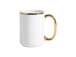 Caneca branca de 425ml com pega metálica dourada