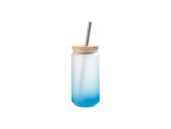 Vaso Cristal 18oz/550ml Color Degradado Azul Celeste con Tapa de bambú y pajita de acero inoxidable
