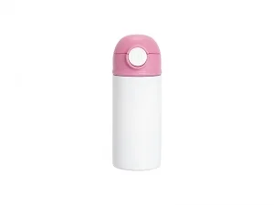 12oz/360ml White Sublimation Kids Stainless Steel Water Bottle with Plastic Straw &amp; Pink Cap