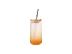 Vaso Cristal 18oz/550ml Color Degradado Naranja con Tapa de bambú y pajita de acero inoxidable