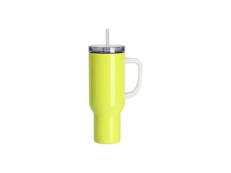 40oz/1200ml Tumbler de acero inoxidable fluorescente amarillo de viaje con tapa y pajita (Manija blanca)