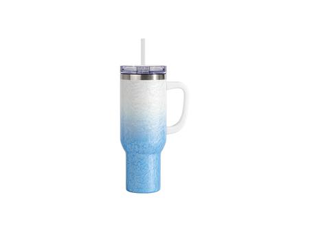 Vaso de viaje de acero inoxidable Puffy Cloud con mango blanco de 40 oz / 1200 ml con tapa y pajita (blanco degradado y azul claro)