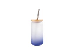 Vaso Cristal 18oz/550ml Color Degradado Azul Oscuro con Tapa de bambú y pajita de acero inoxidable