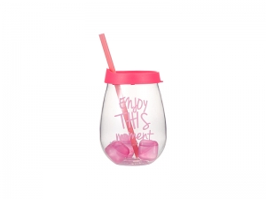 10oz/300ml Clear Plastic Stemless Cup (Pink, w/ Reusable Ice Cubes)